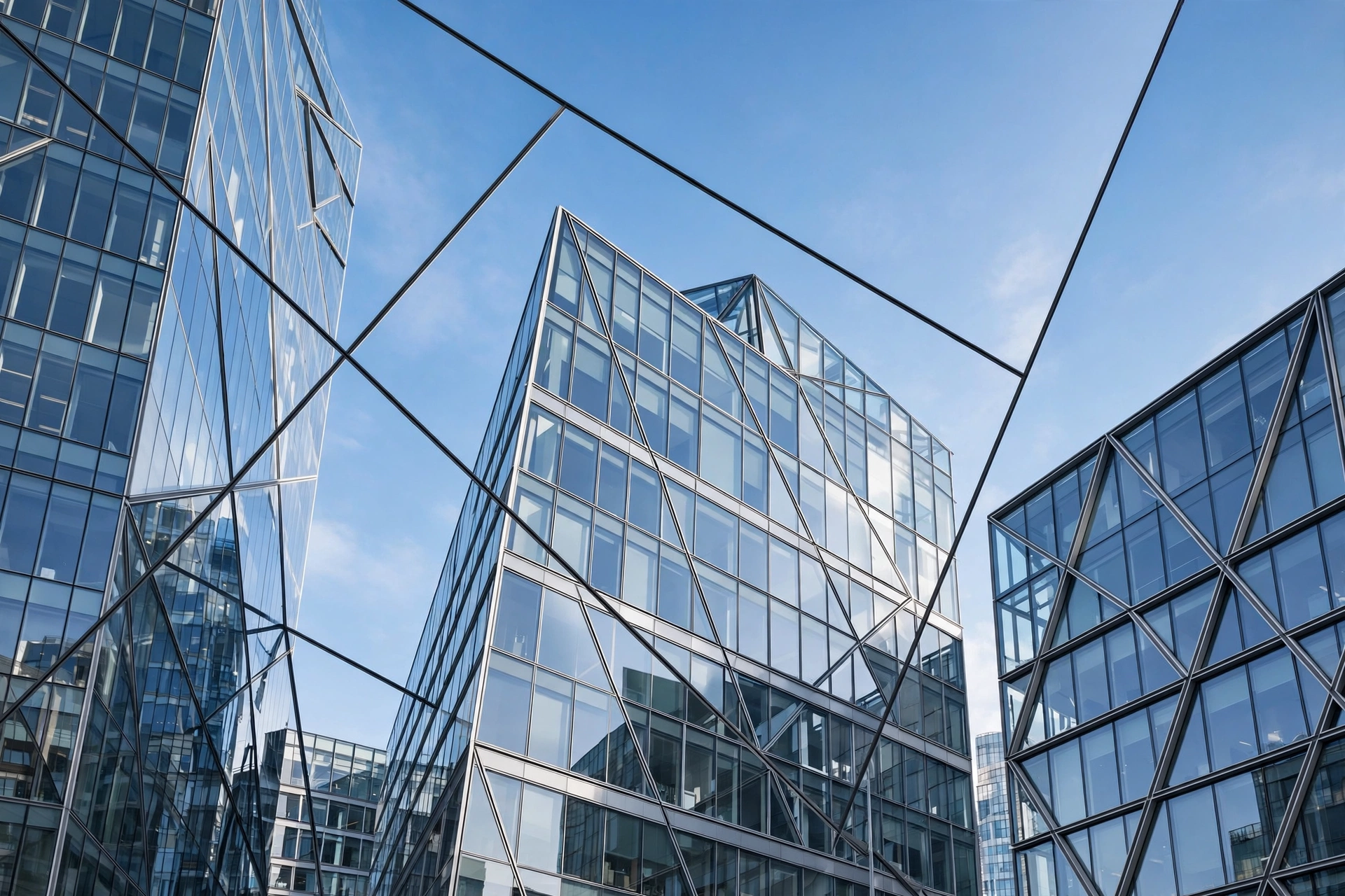 Corporate structure diagram with business buildings