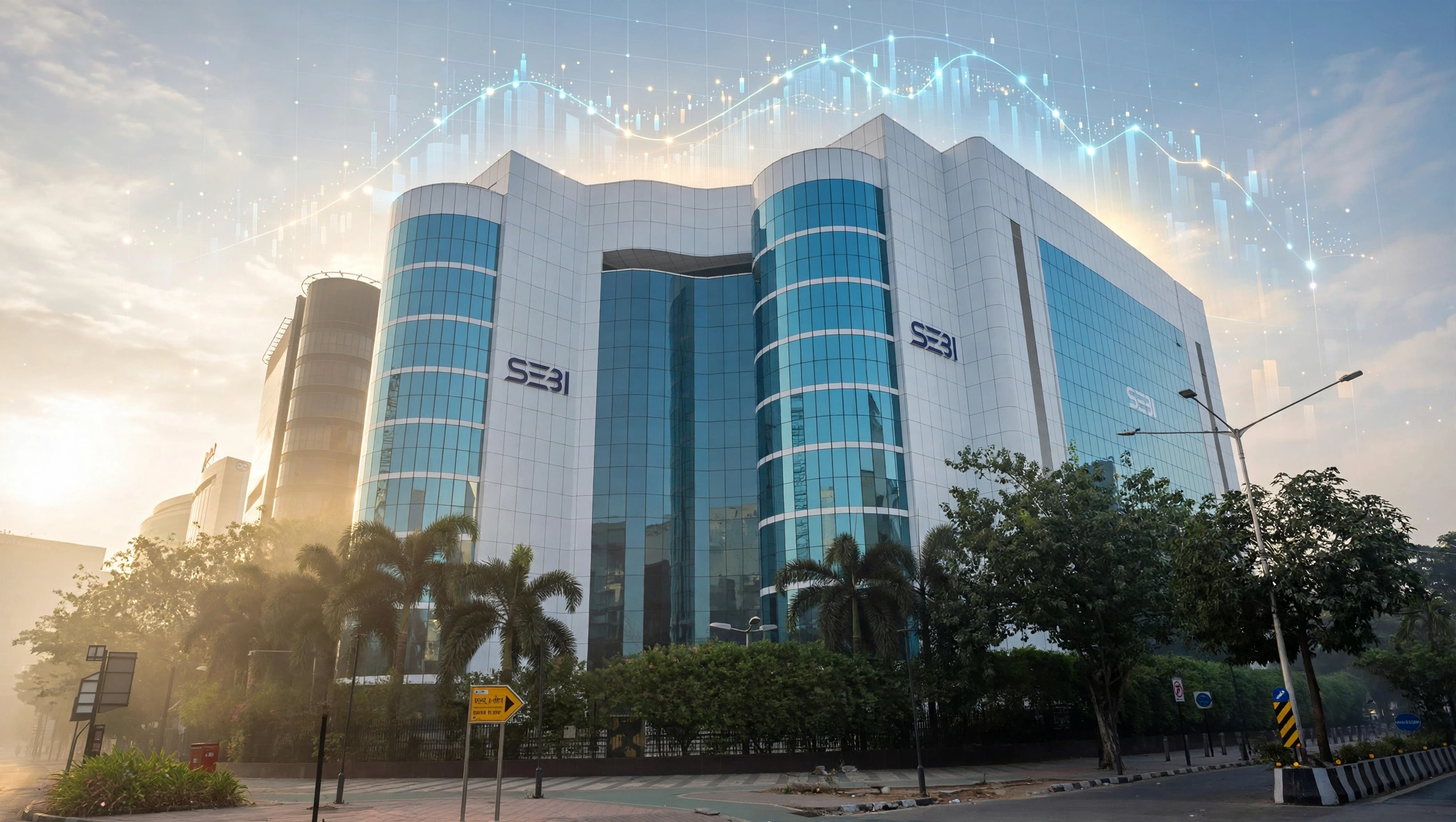 SEBI headquarters Mumbai with stock market charts