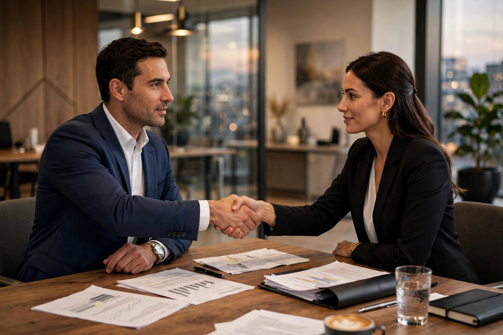 Business handshake in modern office