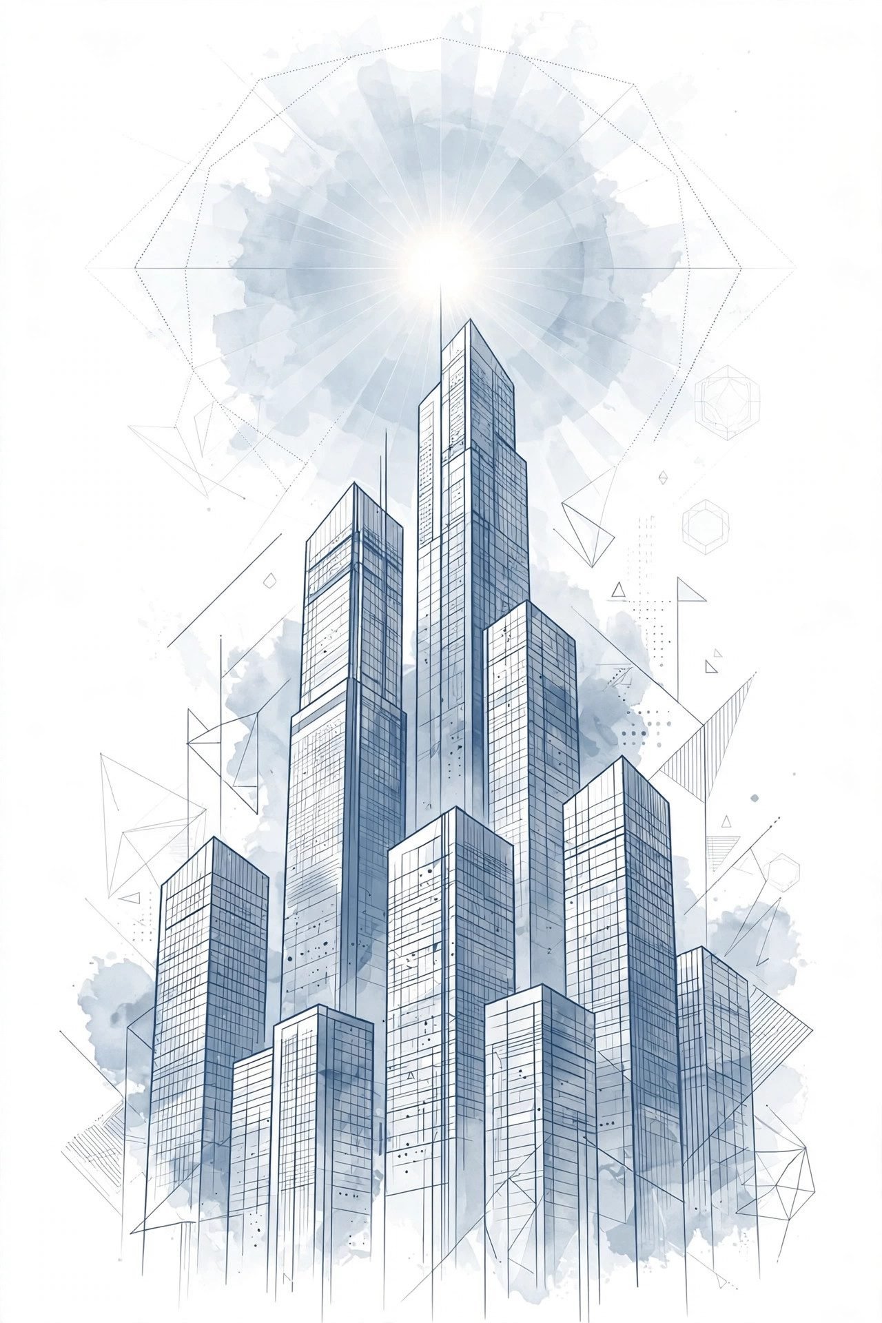 Skyscrapers ascending toward bright light — editorial illustration