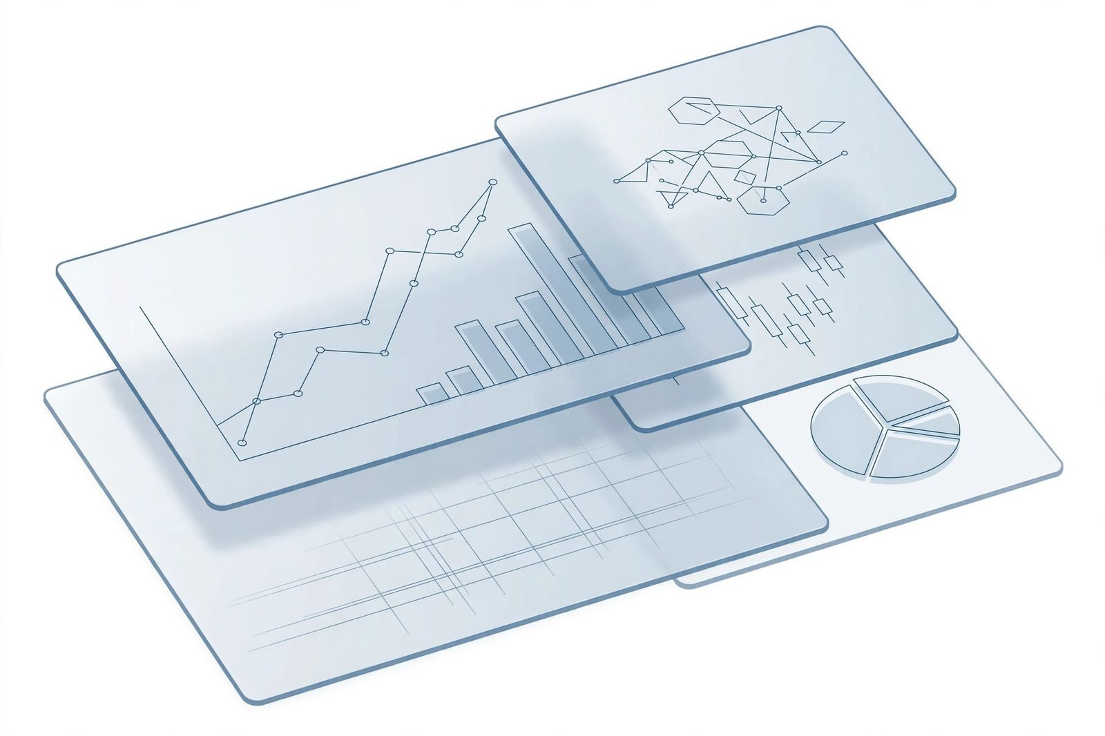 Layered glass planes — financial precision, editorial illustration