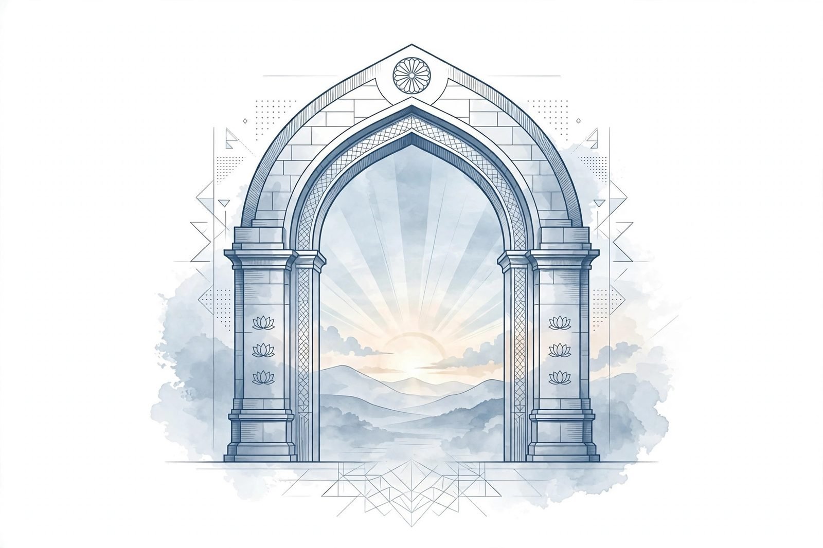 A monumental archway opening onto dawn light — entering India