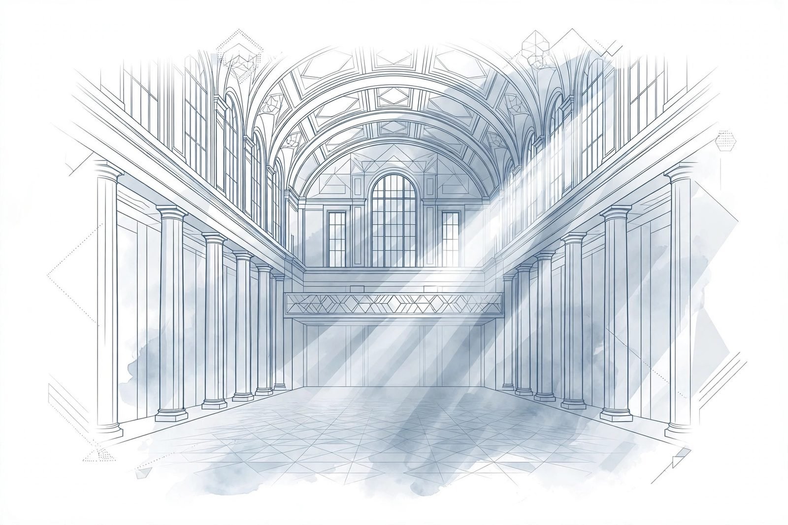 Light rising through a grand exchange hall — the IPO practice