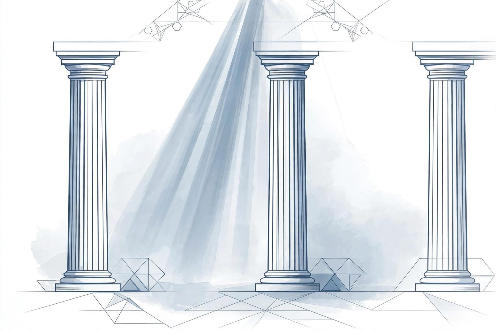 Neoclassical columns with a beam of light — editorial illustration
